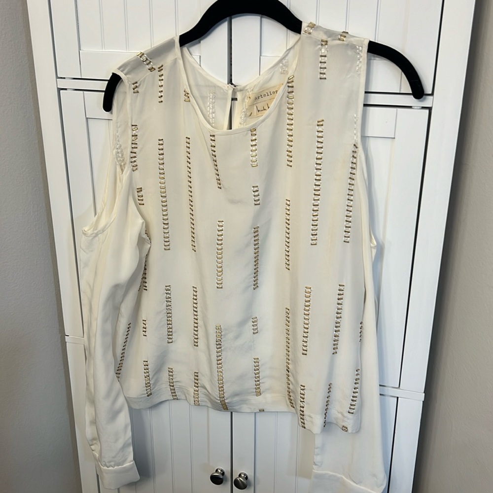 Nicole Miller artelier cold shoulder silk beaded blouse